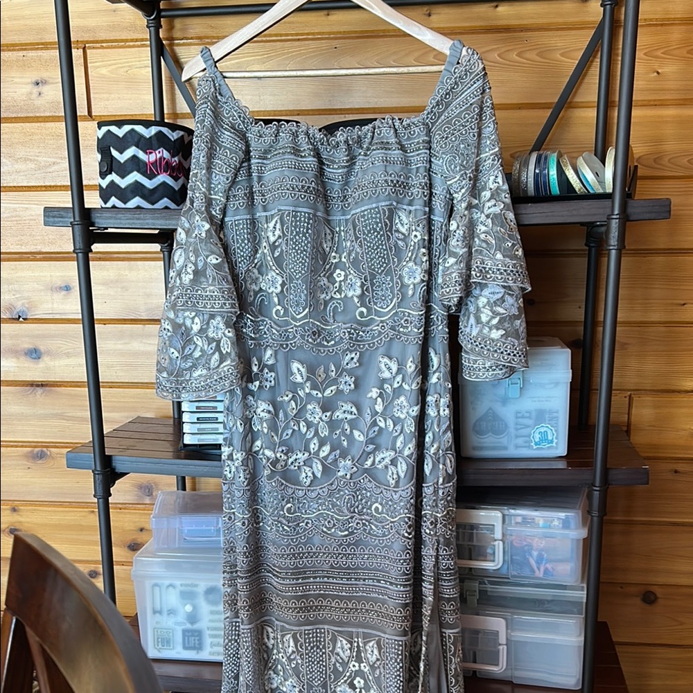 Mother of Groom/Bride Gray Off-Shoulder Floral Dress